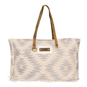 Myra Bag Cream and Gray Travel Tote with Leather Handles